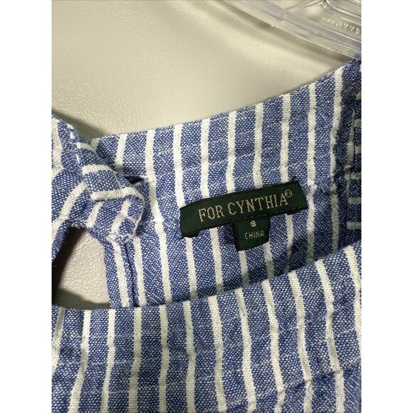 For Cynthia Sleeveless‎ Dress S Blue White Striped Linen Blend Pockets Nautical - Picture 6 of 9